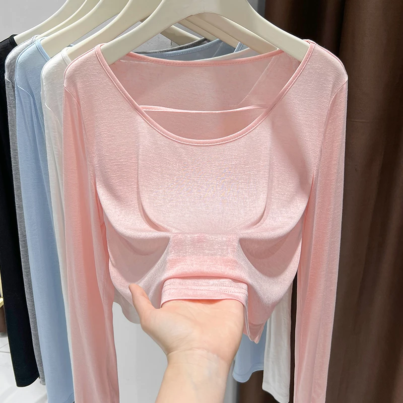 2025新款低领柔软宽松显瘦t恤女夏季薄款微透纯欲长袖上衣罩衫潮