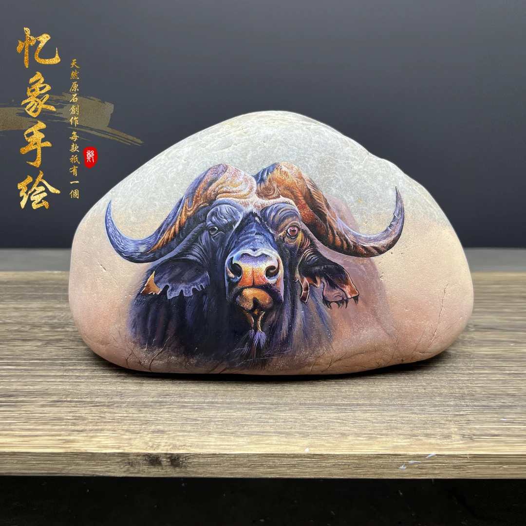 现货20cm《牛》》石头画靠山石观赏石装饰工艺品摆件礼品手绘石头画