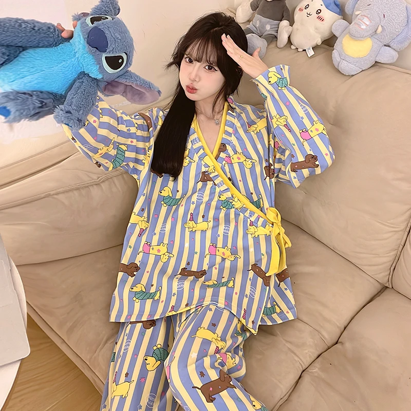 睡衣女款爆款2025新款可爱小狗系带宽松春秋长袖家居服套装可外穿