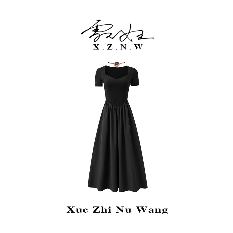 XZNW/雪之女王【黑咖礼盒】夏季弹力针织拼接A版显瘦百搭连衣裙女