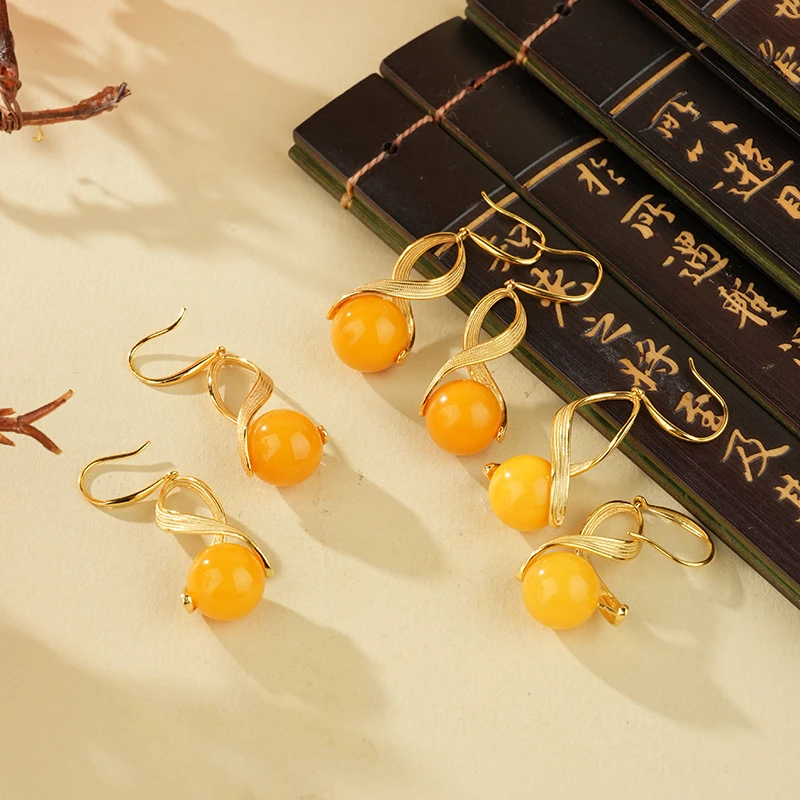 A01113琥珀老蜜蜡圆珠耳环(多样性发一）