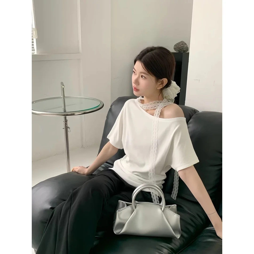 设计感斜肩蕾丝飘带短袖恤女2025夏季新款百搭小众不规则减龄睡衣