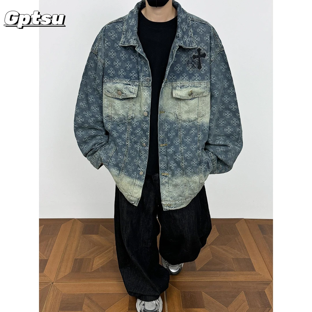 GPTSu十字架提花扎染牛仔外套男款做旧小众翻领夹克工装上衣春秋