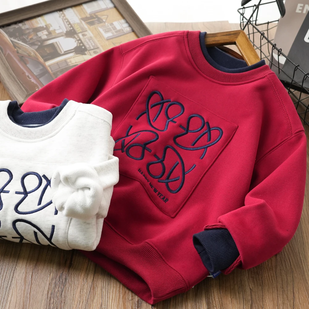 男童冬季时尚刺绣拼接假两件加绒卫衣中大童百搭上衣5255