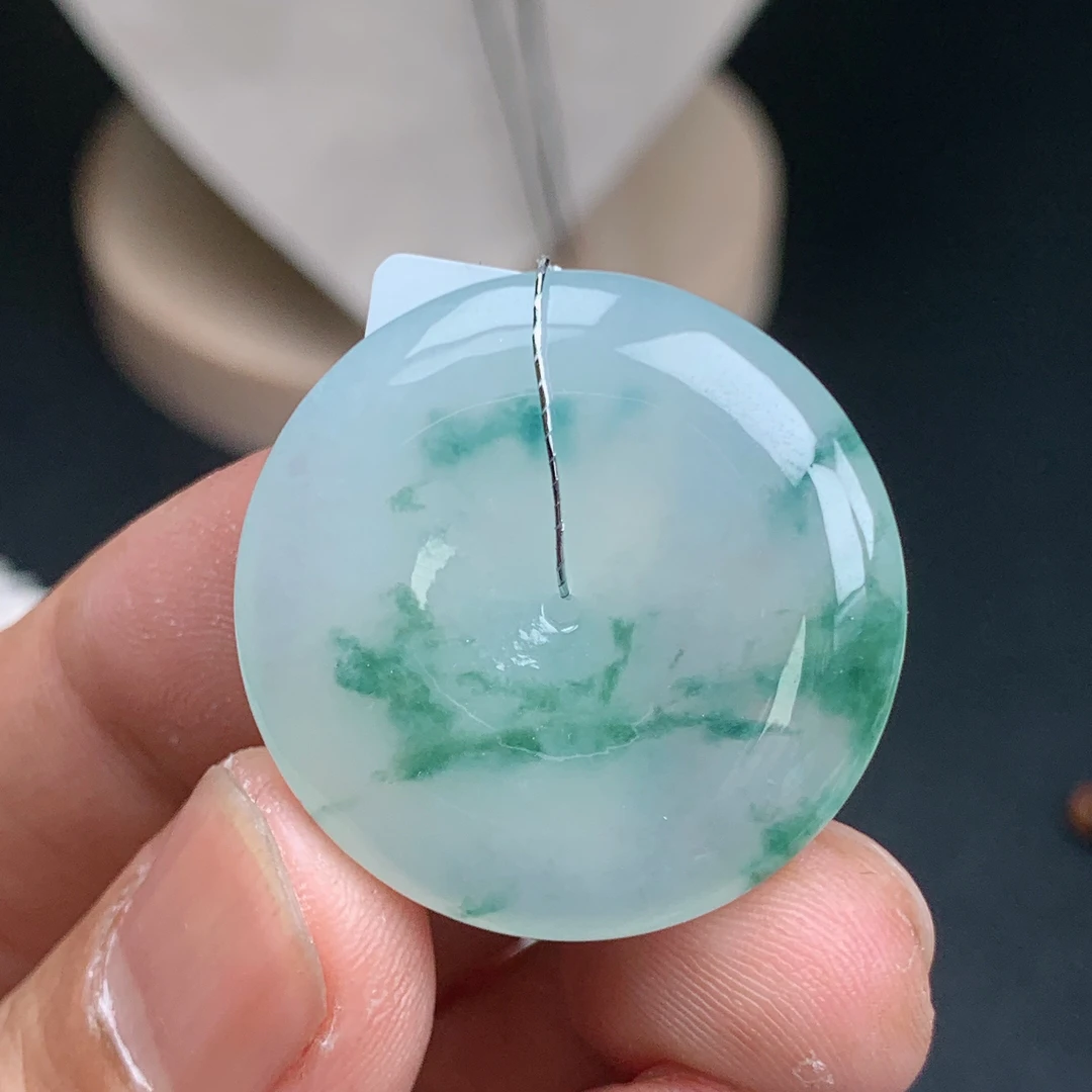 缅甸天然A货翡翠冰飘花平安扣吊坠 花色灵动 胶感十足29.5-5.9mm