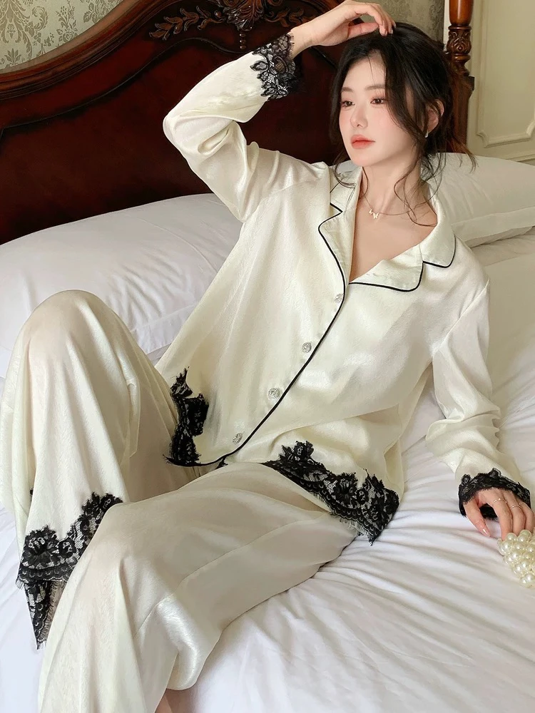 2025年新款女士冰丝缎面睡衣女高级感轻奢风长袖长裤套装家居服春
