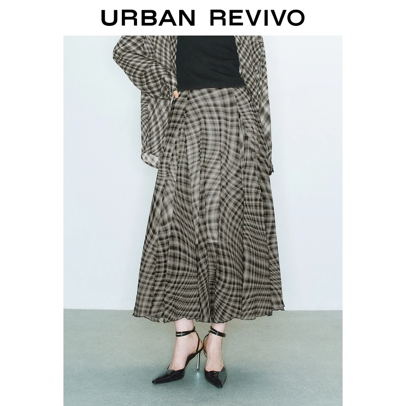UR2025夏季新款女装气质不规则格纹高腰A字半裙UWJ550041