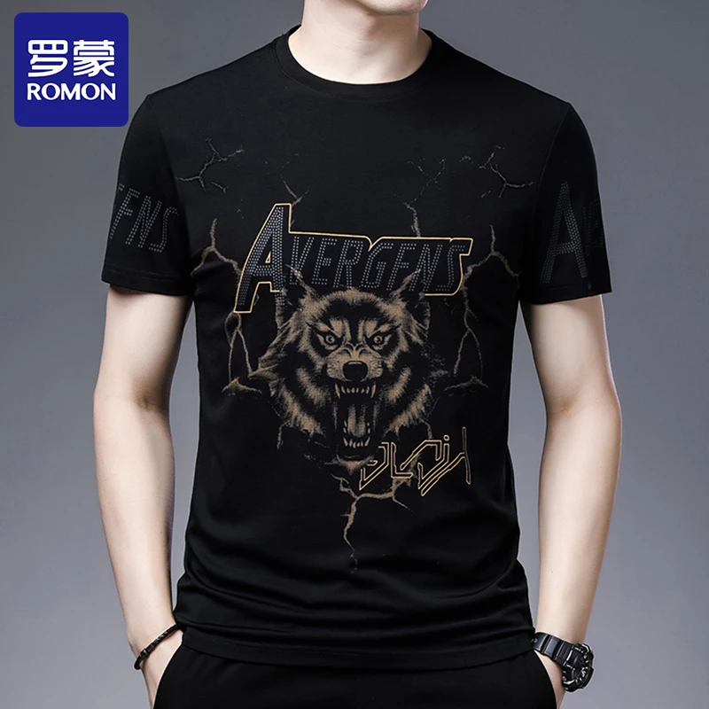 Romon/罗蒙夏季冰丝短袖t恤男士时尚休闲凉感3D印花圆领男装T恤衫