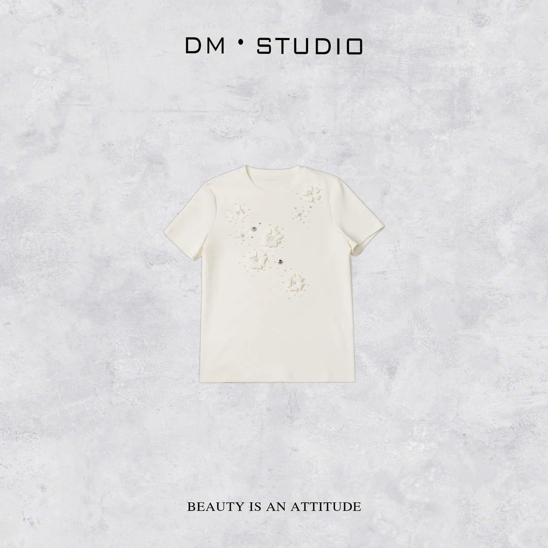 -DM•STUDIO/百搭高级感精致烫钻串珠圆领短袖上衣T恤（81367）