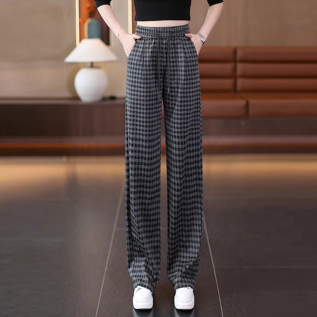 格子窄版阔腿裤女2025秋季新款高腰显瘦宽松休闲时尚百搭直筒裤子