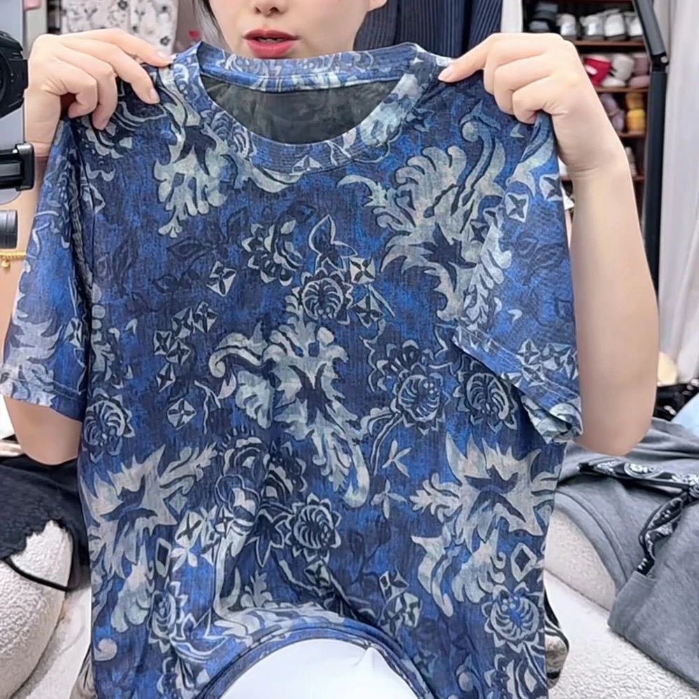 蓝图腾 高级感圆领百搭显瘦短袖夏季网红设计印花网纱T恤上衣1721