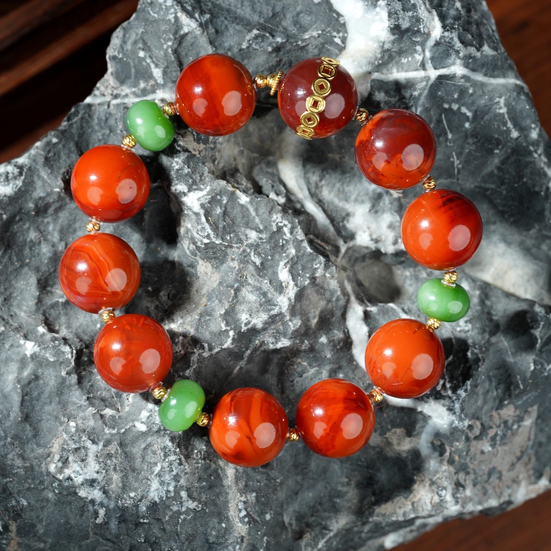 【18k金】南红火焰纹14mm+大单圈天然珠宝国风设计款简约百搭