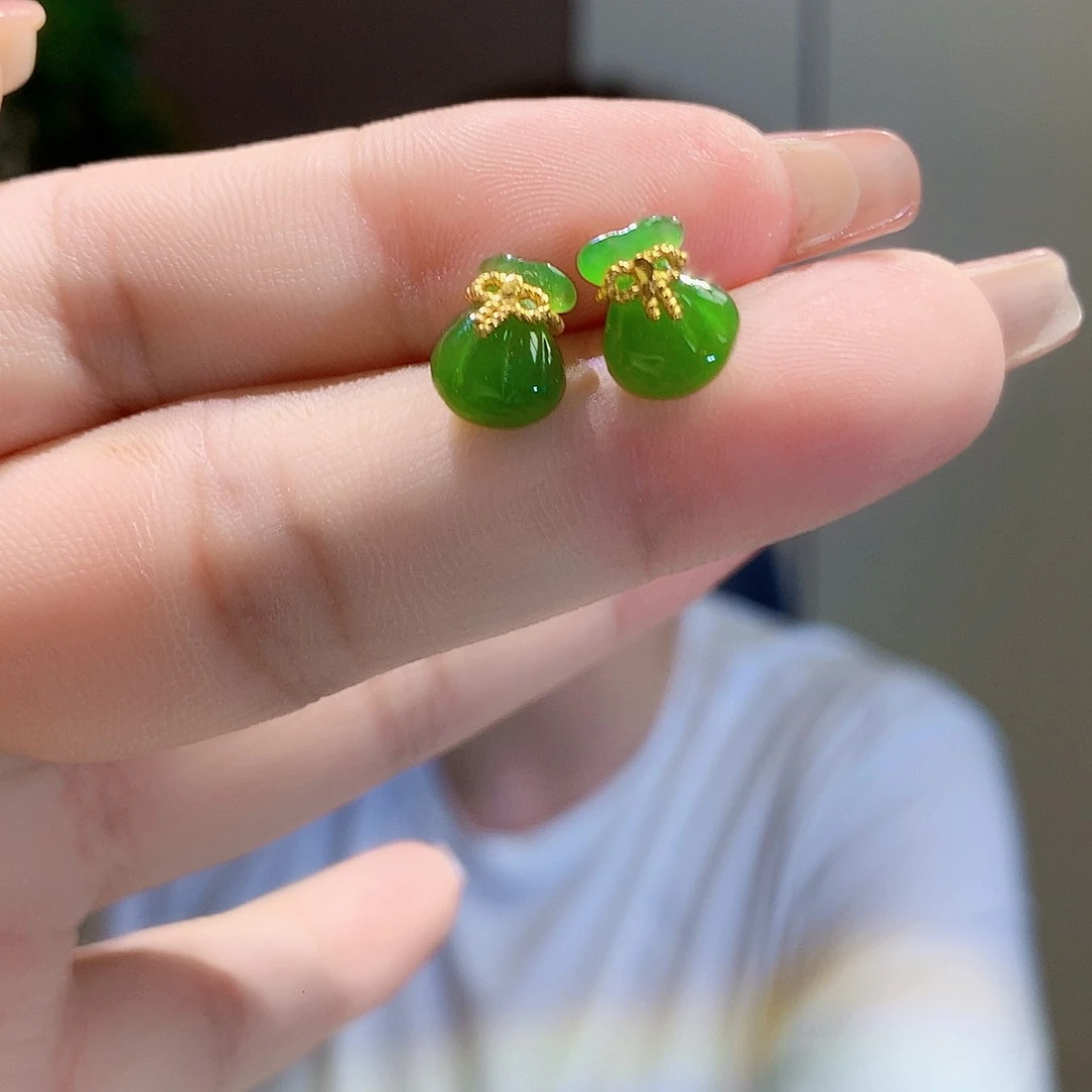 和田玉（碧玉）银S925镀金镶嵌耳饰