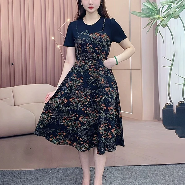 洋气中长款减龄连衣裙女时尚百搭提花过膝中长裙裙子