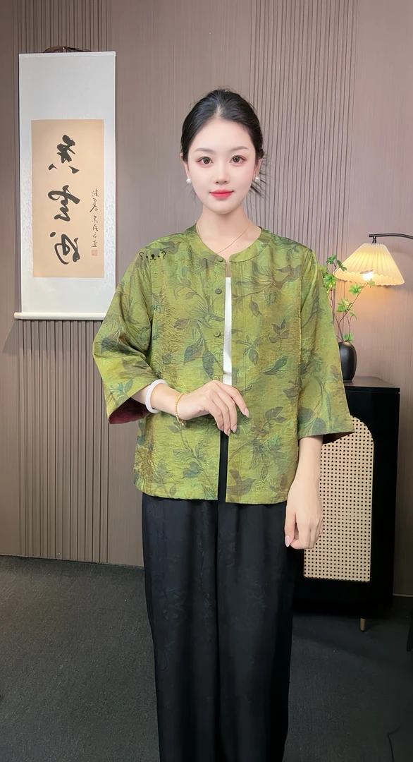 【翠叶疏影】满分100蚕丝国风双面穿女上衣七分袖开衫