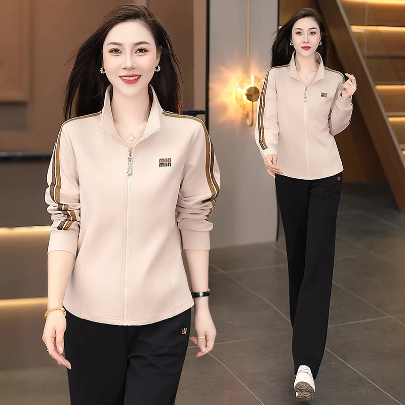 秋季休闲长袖女装女2025新款宽松洋气妈妈显瘦直筒裤跑步服两件套