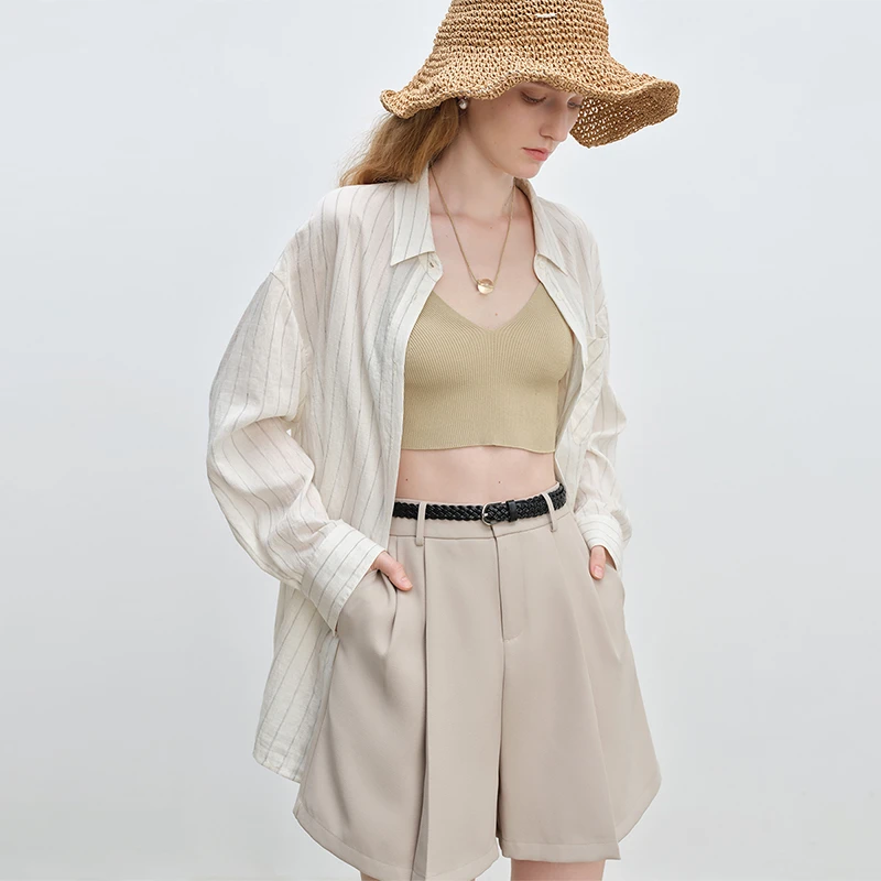 自巧小个子女装轻薄慵懒风条纹亚麻衬衫法式物理防晒衫 25ZQ92348