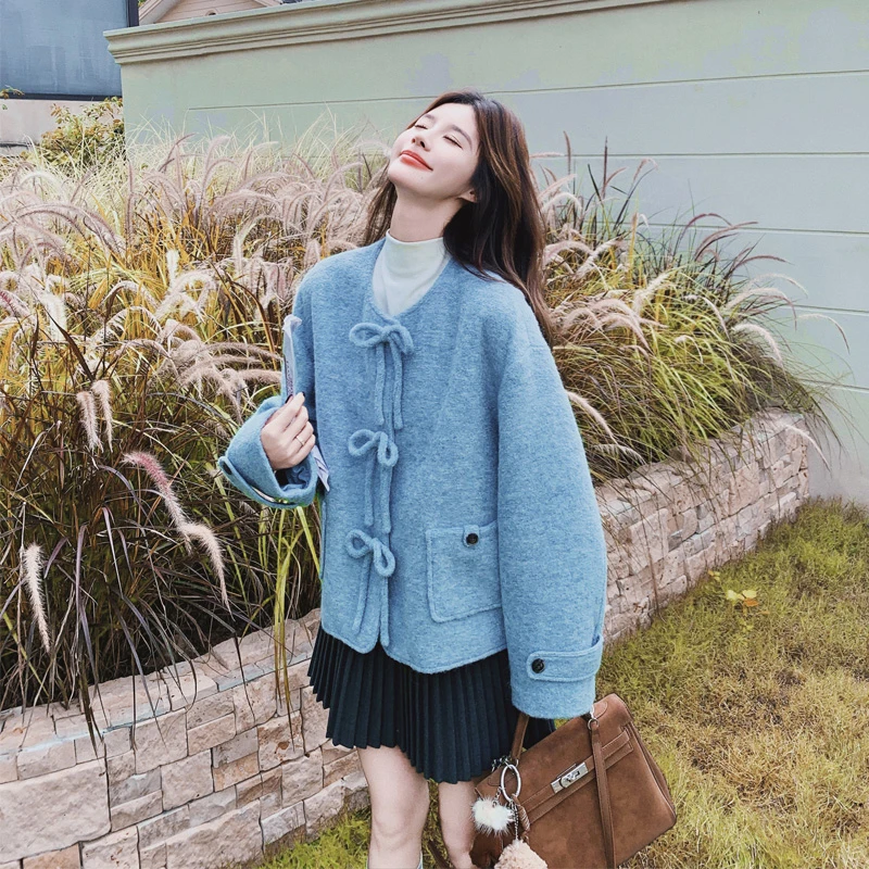 蓝色蝴蝶结短款毛呢外套2025秋冬新款甜美少女风氛围感ins风开衫