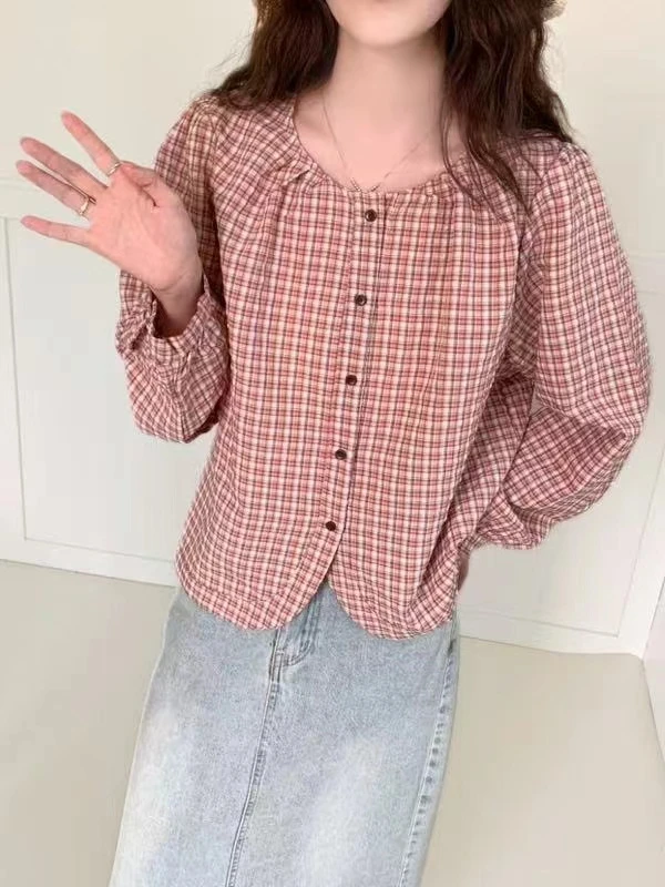 新款甜美风圆领格子衬衫