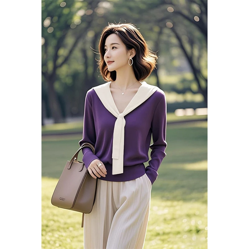 气质披肩慵懒感小众紫色毛衣2025女装撞色针织衫开春设计感上衣
