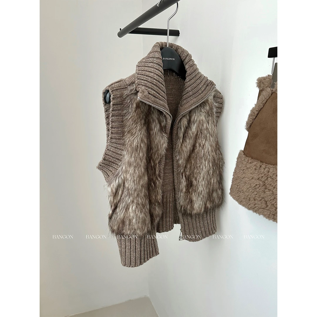 BANGON 狐狸毛拼接针织马甲复古气质高级感2025新款仿毛高领上衣