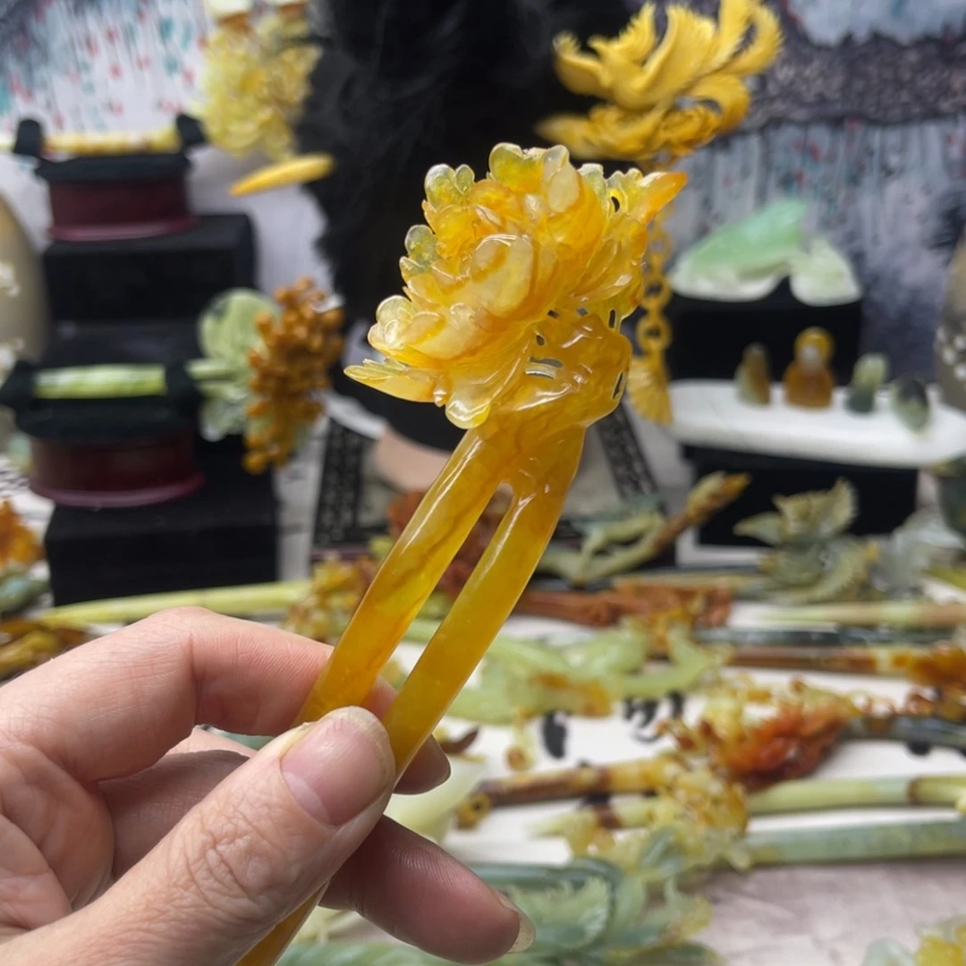 【闪购商品】蛇纹石玉发饰合金青**水