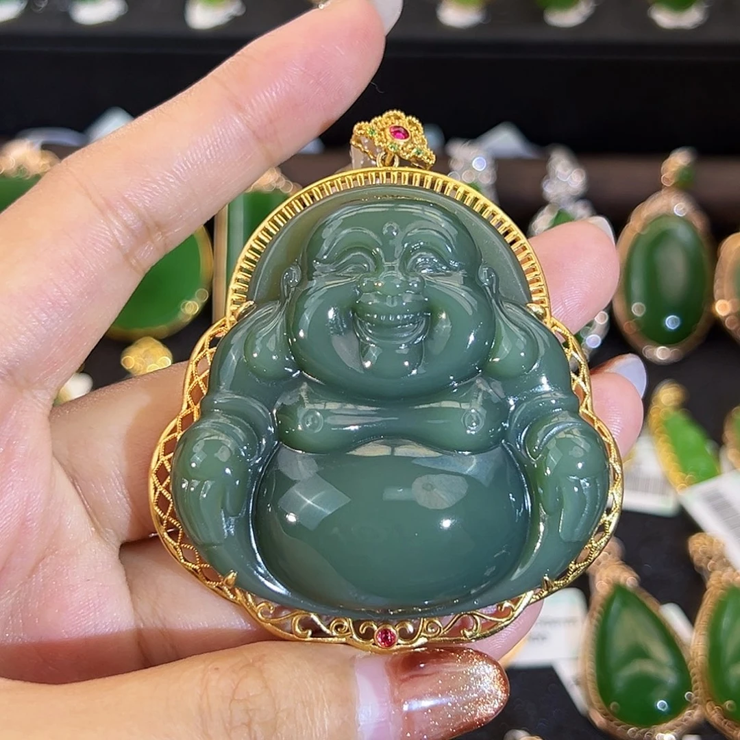 和田玉18K金镶嵌吊坠(不含链)鸭蛋青大佛公50mm