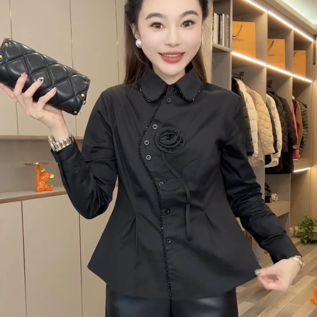 新款打底衫重工串珠修身显瘦长袖衬衫女秋冬气质百搭网红轻奢时尚