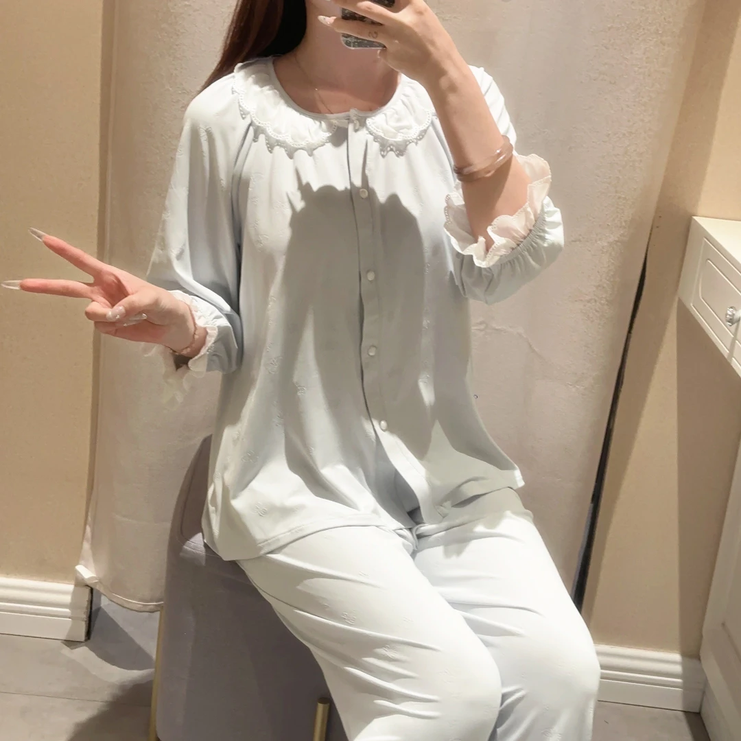 夏季新款七分袖带杯垫三件套睡衣优雅透气绵柔套装2053