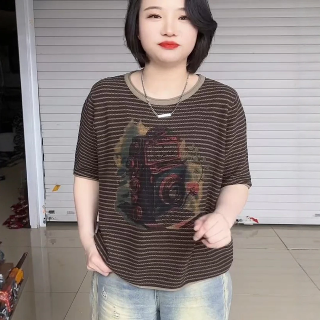 夏季复古圆领套头针织上衣女洋气照相机印花短袖条纹t恤独特小衫