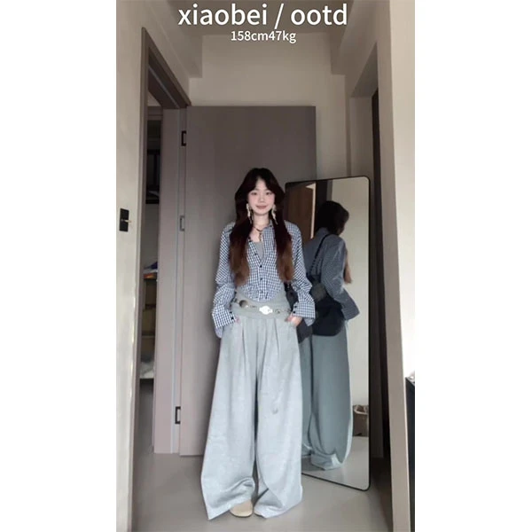 韩系格纹假两件衬衫拼接背心秋季新款收腰设计感衬衣女裤子套装