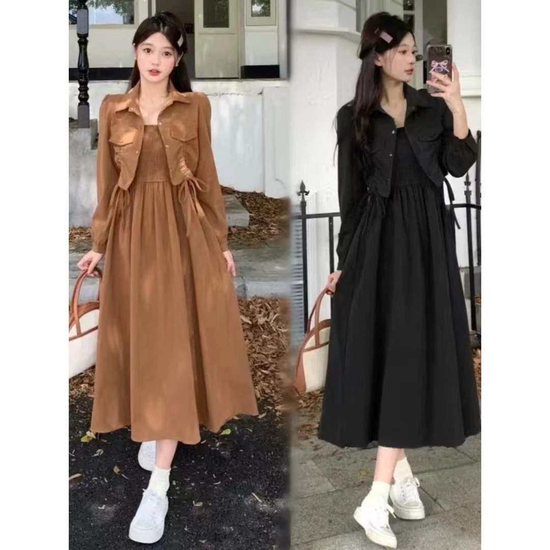6166-2025年秋季新款时尚气质洋气显瘦上衣+连衣裙两件套