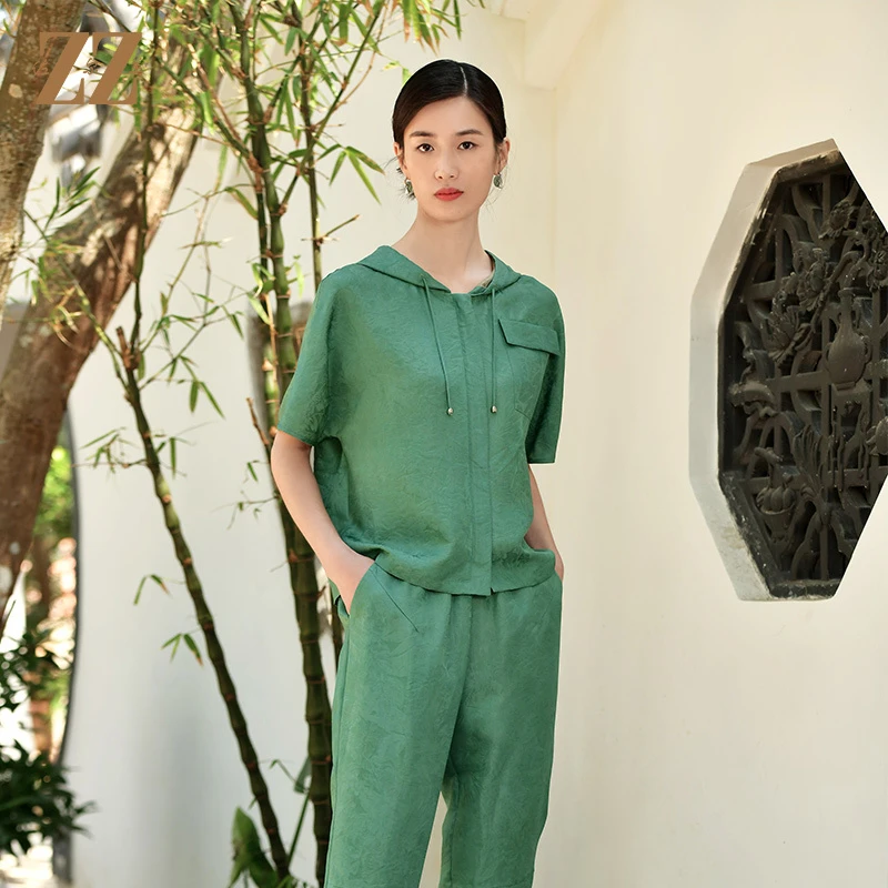 夏季新款100%桑蚕丝真丝连帽莨绸休闲复古中国风衬衣女E32CS60