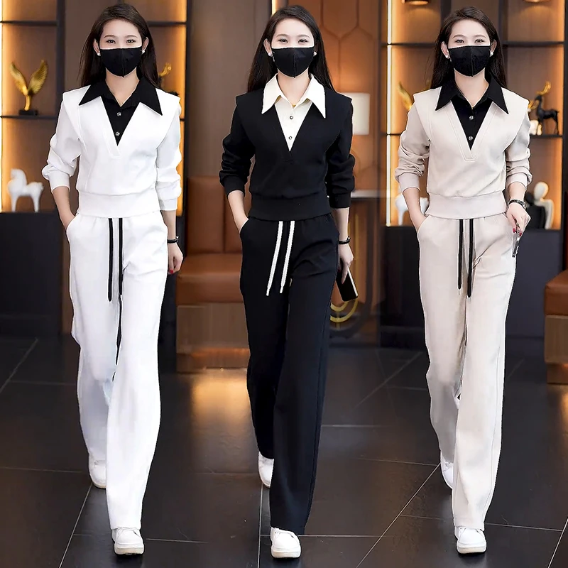 气质显瘦设计感假两件POLO衬衫领女士宽松减龄运动服休闲时尚套装