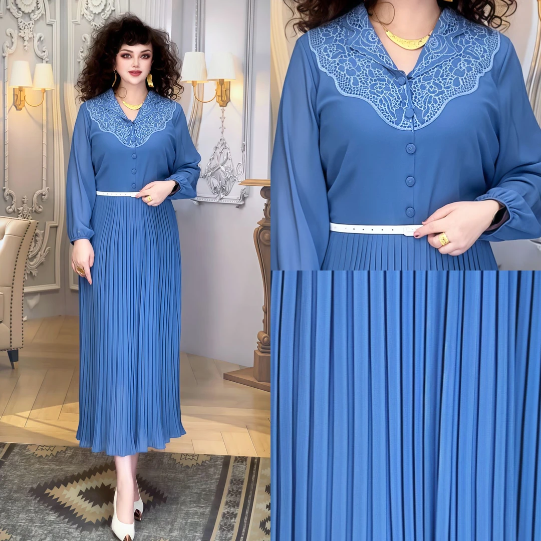 娜孜妮大码辣妈时尚女装 | 刺绣花边领中长款优雅连衣裙