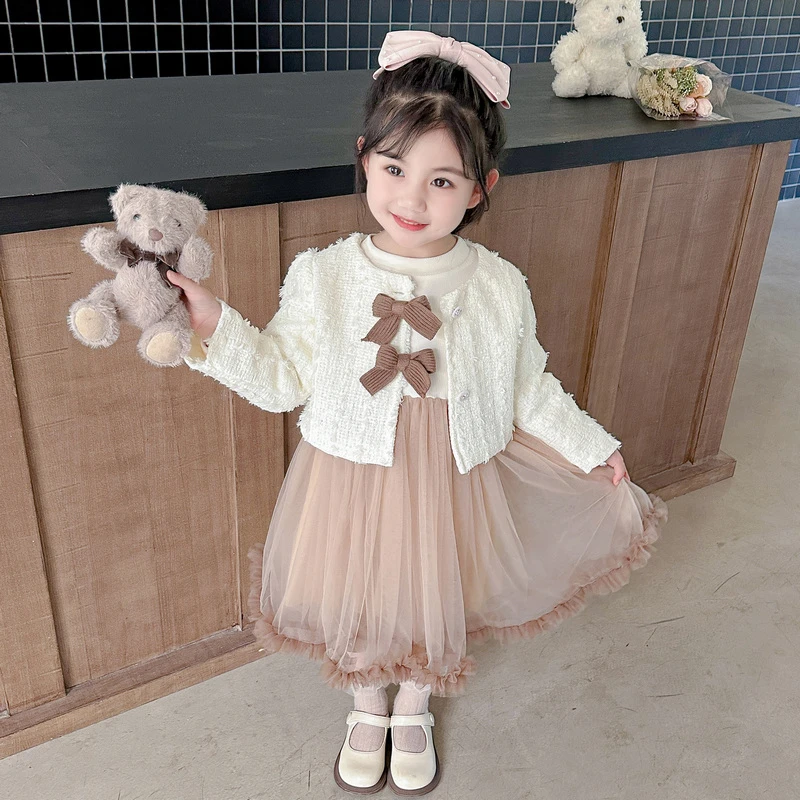 2025秋冬新款女童小香风长袖纱裙连衣裙两件套宝宝洋气公主裙套装