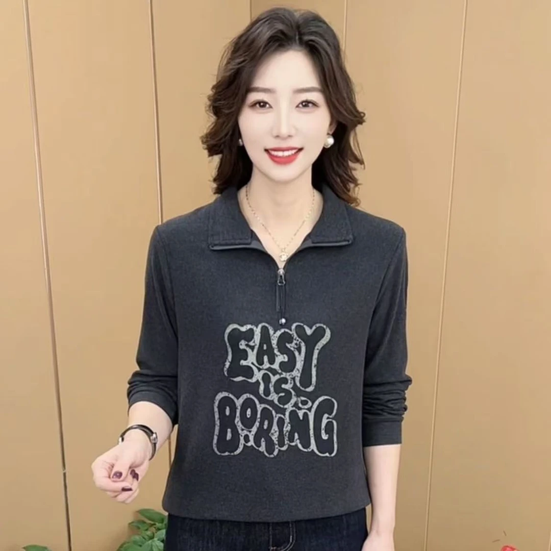 秋冬新款时尚立领字母双面绒纯色卫衣宽松休闲百搭妈妈装K8826