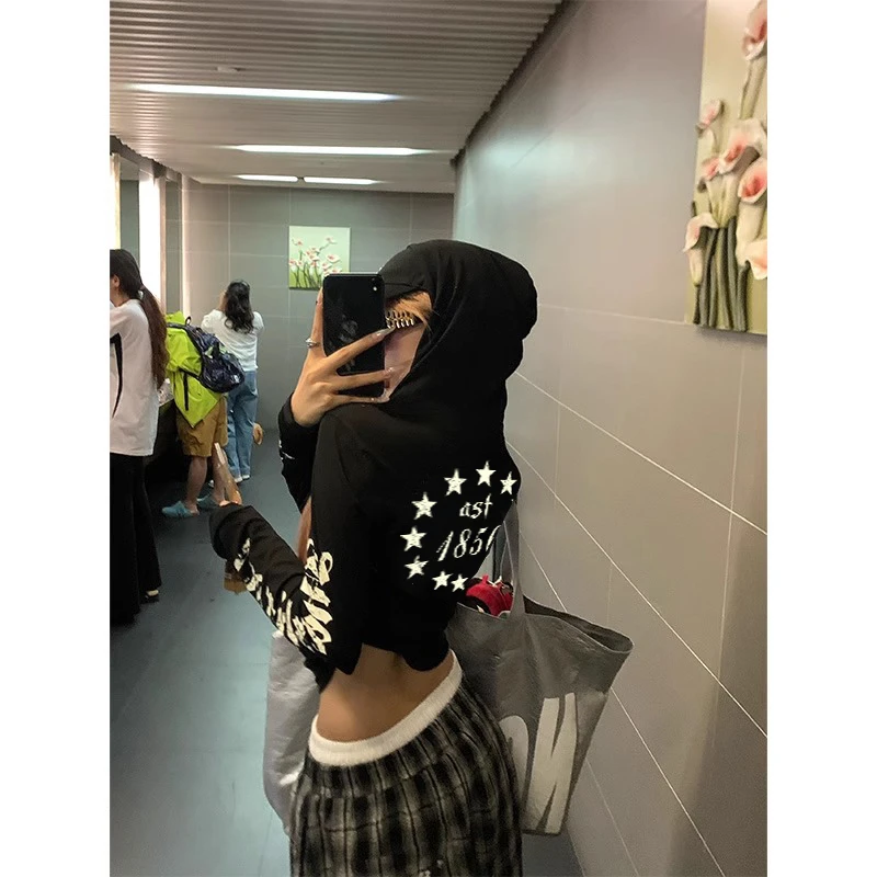 WRXS  美式复古袖边字母印花哥特风连帽T恤女夏修身防晒罩衫外套