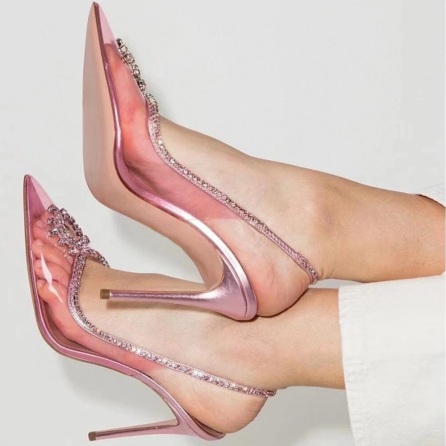 2025春银色尖头透明水晶鞋女细跟性感粉色水钻高跟鞋气质包头凉鞋