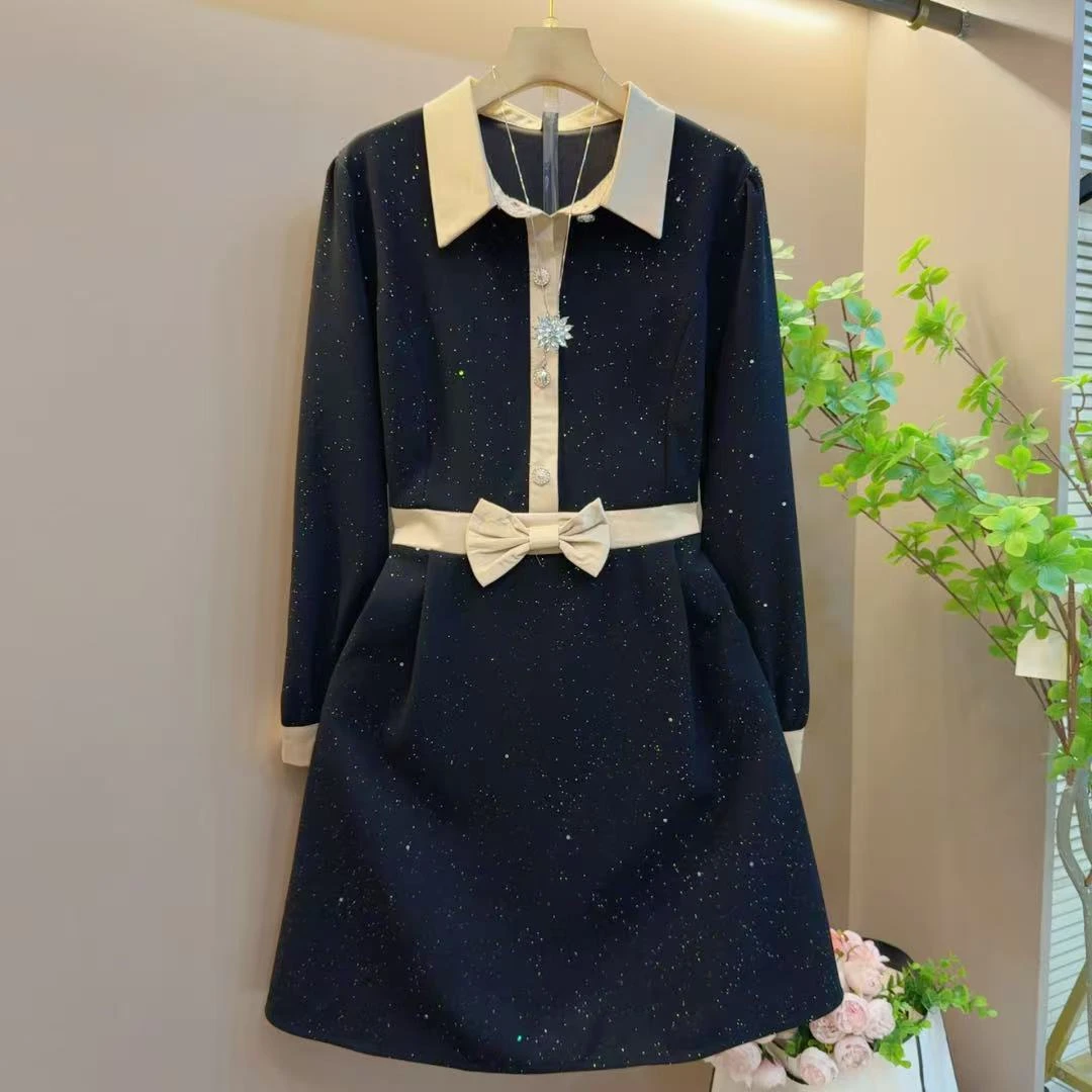 百搭立领蝴蝶结细闪拼接法式气质连衣裙