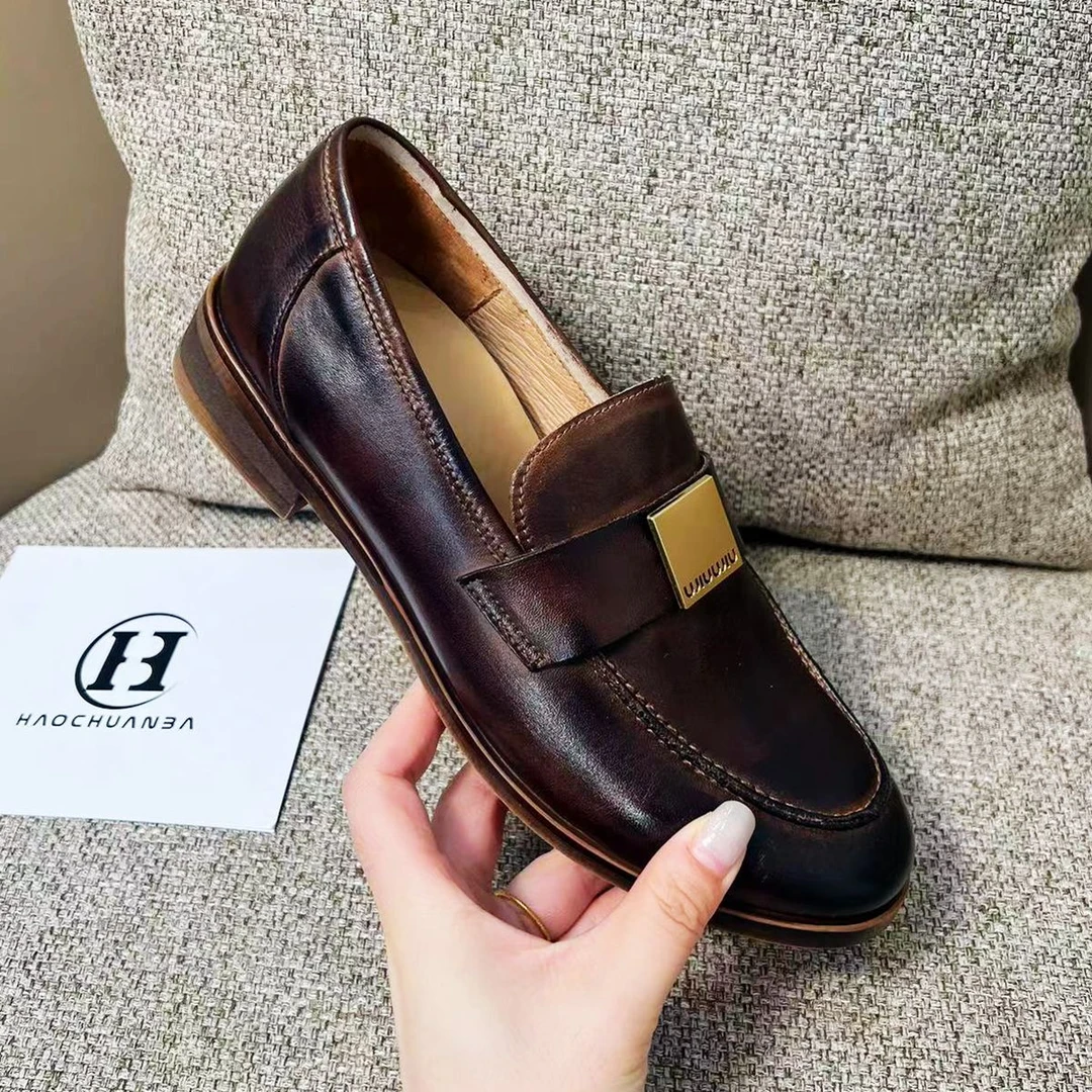 女鞋皮鞋单鞋百搭黑色商务牛皮马衔扣软底秋季欧美乐福鞋女士轻奢