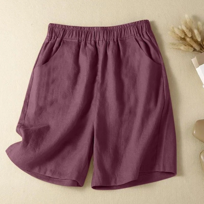 韩版大码夏季时尚新款纯色女薄款亚麻短裤休闲五分热裤亚麻阔腿裤