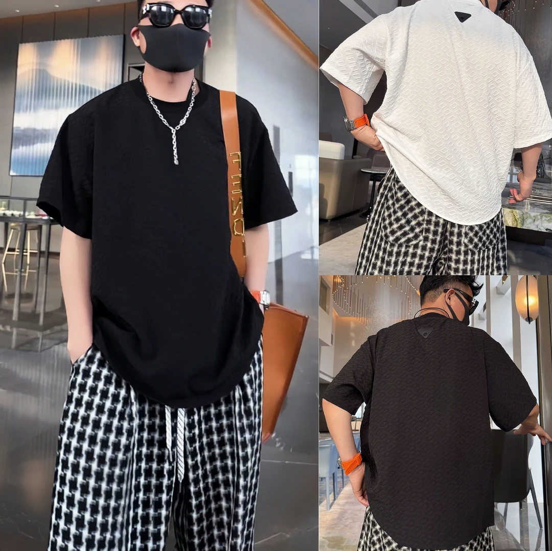 夏季新款高级感男装圆领休闲皮标短袖T恤上衣宽松潮流感半袖T恤