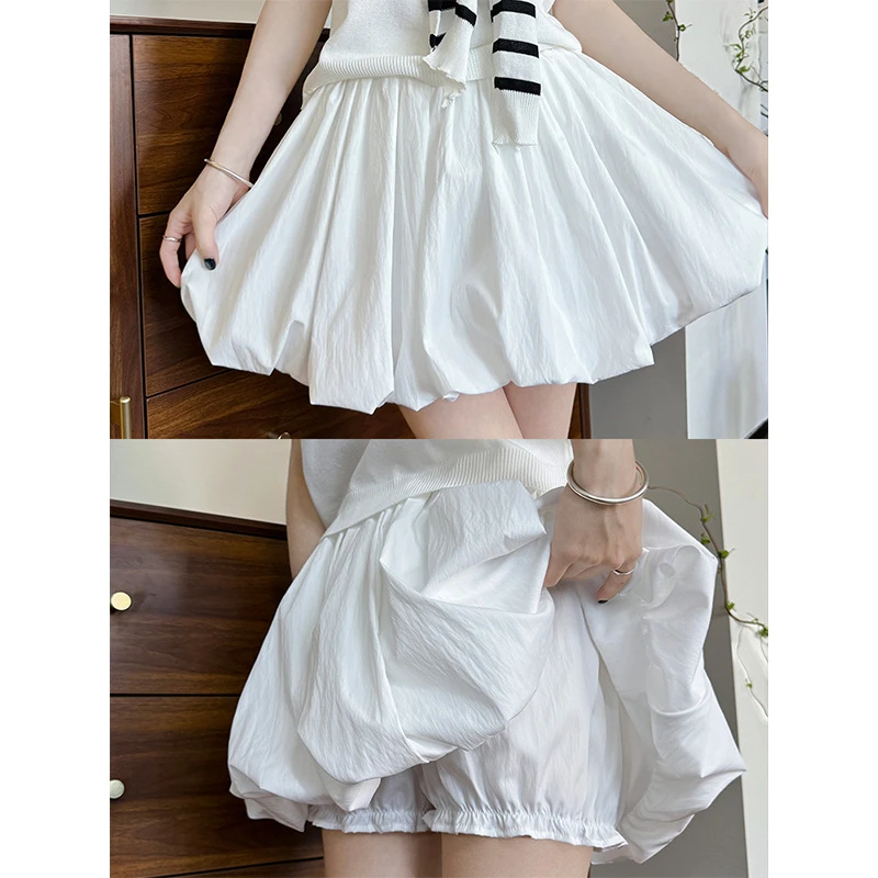 白色花苞裙裤女夏季新款高腰垂感a字半身短裙小个子蓬蓬短裤宽松