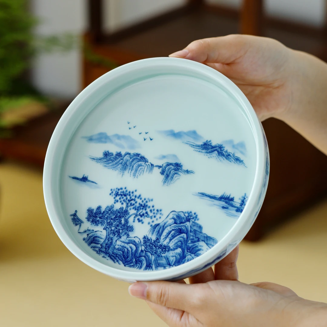 手工陶瓷青花山水图纹桌面专用茶盘中式壶承干泡茶台茶具器具茶道