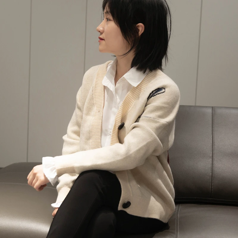 宽松开衫女长袖V领针织衫春秋慵懒风百搭毛衣外套