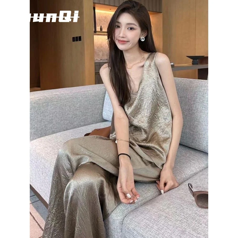 淳启时尚套装夏季肌理感无袖背心上衣女高腰垂感阔腿裤两件套潮流