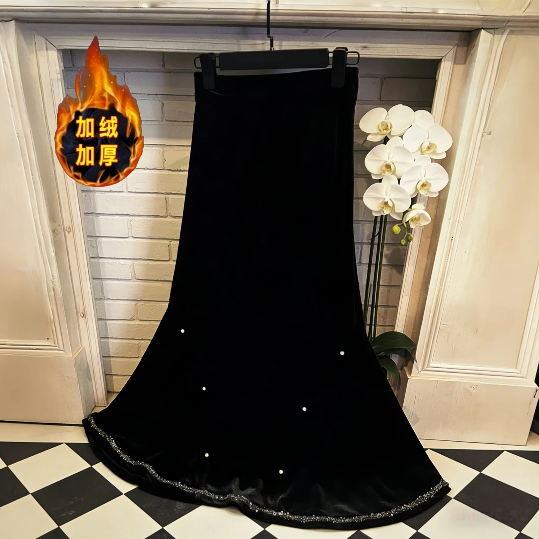 【星钻半裙】高级感轻奢丝绒钉钻拼接秋冬加绒加厚款显瘦中长半身裙