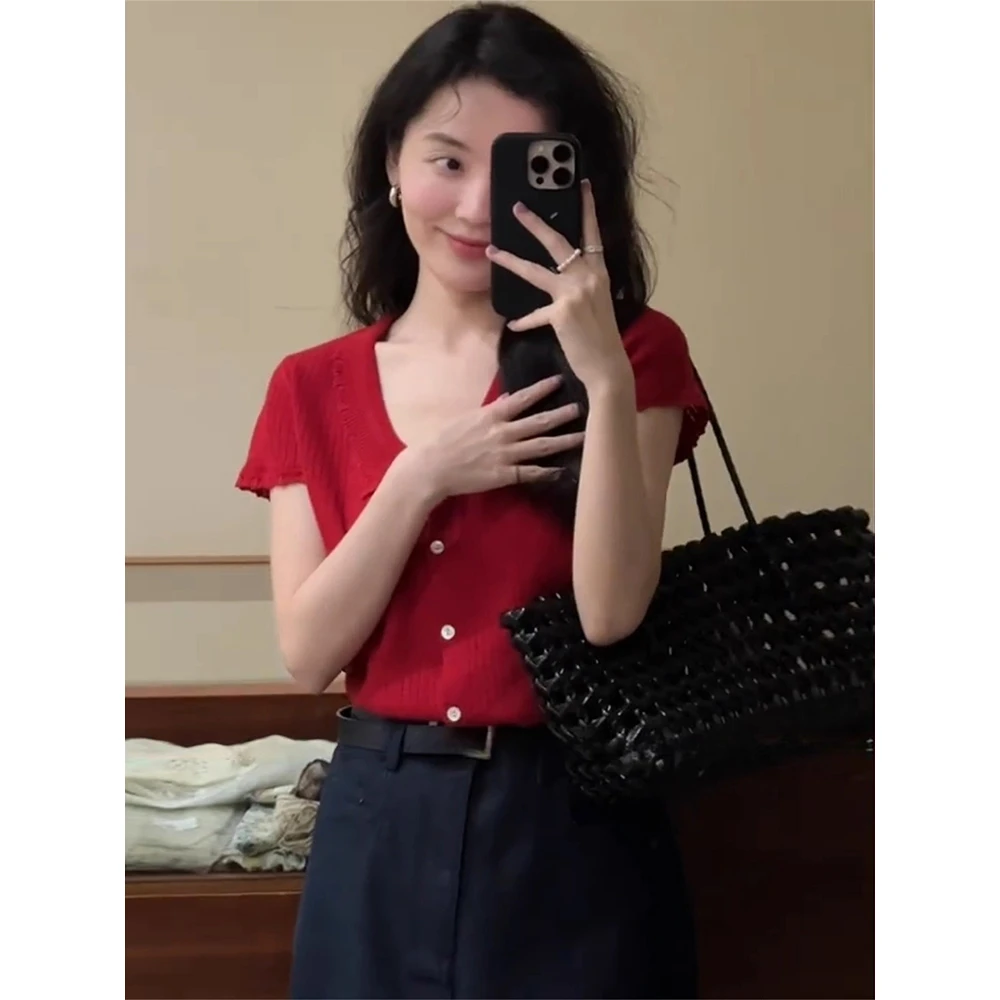 气质翻领红色冰丝针织短袖POLO衫T恤女夏季独特百搭复古短款上衣