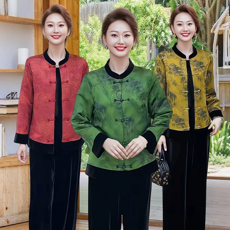 中老年长袖春秋款立领圆领休闲风厚款女装气质妈妈装洋气外套